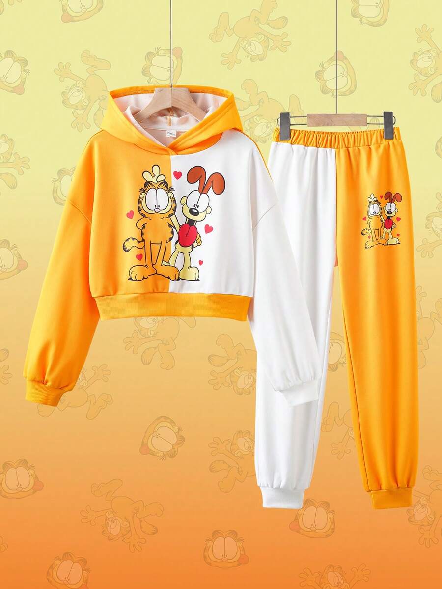 GARFIELD | SHEIN Conjunto informal de 2 piezas de sudadera con capucha y pantalón de chándal con estampado de dibujos animados y hombros caídos para niña preadolescente