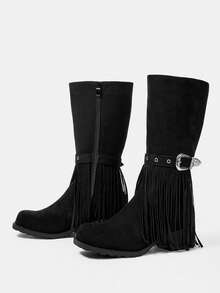 Styleloop Women's Geometric Tassel, Rivet Decor Square Toe Tall Boots - Black - View 3
