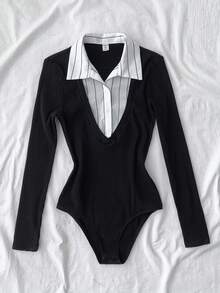 SHEIN 少女黑色针织条纹拼布高领长袖紧身衣