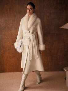 MOTF PREMIUM WOOL ELEGANT FURRY COLLAR BELTED OVERCOAT, AUTUMN/WINTER - White - View 5