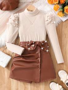 SHEIN Tween Girls Beaded Turtleneck Ribbed Puff Sleeve Knit Top & Pearl Bow PU Skort 2-Piece Set, Sweet Cool Fall Winter Outfit - Brown - View 3