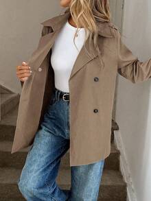 Easowa 休闲纯色长袖百搭女式风衣 - 咖啡棕 - 查看 7