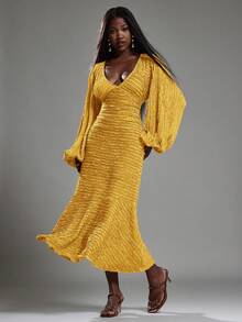 NYA SZN Đầm Maxi Dài Tay Khoét Sâu Họa Tiết Dịp Đặc Biệt Cho Khách Dự Tiệc Cưới Mùa Xuân Hè Dành Cho Nữ - Màu vàng - Xem 5