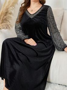 Lacomfia فستان طويل فضفاض من القطيفة المرصع بالترتر للنساء ذوات الحجم الكبير، خريف/شتاء