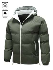 Manfinity Homme Men's Quilted Zip-Up Hooded Long Sleeve Padded Coat, Winter - Army Green - View 1