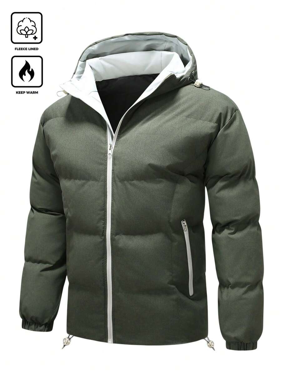 Manfinity Homme Men's Quilted Zip-Up Hooded Long Sleeve Padded Coat, Winter - Army Green - View 1