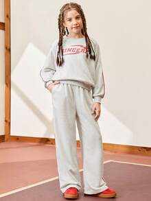 JNSQ Tween-Mädchen 2-teiliges Outfit-Set: Locker sitzendes Sweatshirt-Oberteil mit Rundhalsausschnitt und langen Ärmeln und Grafikdruck, gepaart mit einer entspannten Jogginghose mit geradem Bein, geeignet für den Alltag im Herbst/Winter, Outdoor-Aktivitäten, Urlaub, Streetwear, Partys und Lässig anlässe - Grau - Übersicht 3