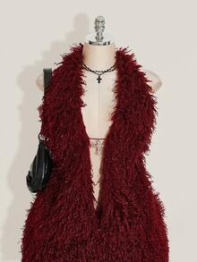 SHEIN ICON Winter Y2K Halter Sexy Vintage Fur Collar Cross Pendant Plus Size Women Tank Top/Christmas - Burgundy - View 4