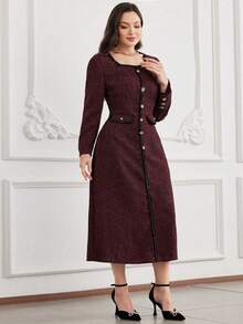 Modelyn Square Neck Color Block Ribbon Decor Button Waist Dress, Plus Size Evening Gown - Burgundy - View 5