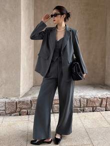 SHEIN Unity 2pcs/Set Women Plain Front Button Long Sleeve Pocket Revere Collar Top & Pants Casual Suit - Grey - View 3