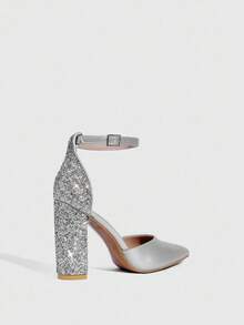 CUCCOO SZL Fashionable Pointed Toe Thick High Heel Silver Glitter Ankle Strap Women's High Heel Pumps, Hollow Out Sexy Elegant Party Dress Shoes For Christmas - Silver - View 8