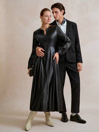 SHEIN Stylify Abito lungo casual da donna a collo tondo, manica lunga,  lucida, colore nero, adatto per l'autunno/inverno