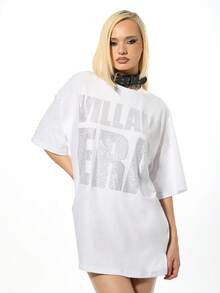 SUMWON Plus Size Rhinestone Embellished Oversized T-Shirt Dress With Short Sleeves And Crew Neck - White - View 1