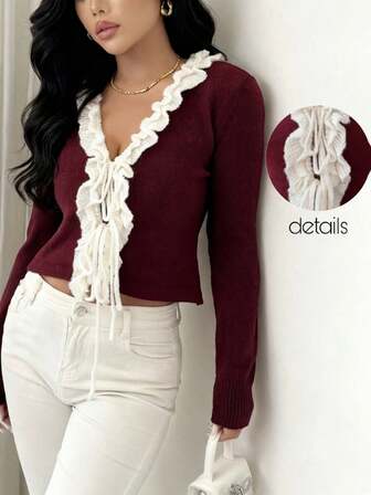 Rafferiza Women's Ruffled Tie Front Elegant Romantic French Cardigan