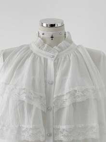 Sunspun 纹理面料和蕾丝边公主领泡泡袖衬衫，优雅适合春秋季节、度假、商务休闲 - 白色 - 查看 7