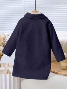 Elladie kids Abrigo largo suelto de unicolor con cuello mínimo y manga raglán para niñas, otoño/invierno - Azul Marino - Ver 2