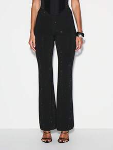 KIZN Hotfix Diamante Embellished Wide Leg Flare Trousers Evening Party Palazzo Pants - Black - View 1