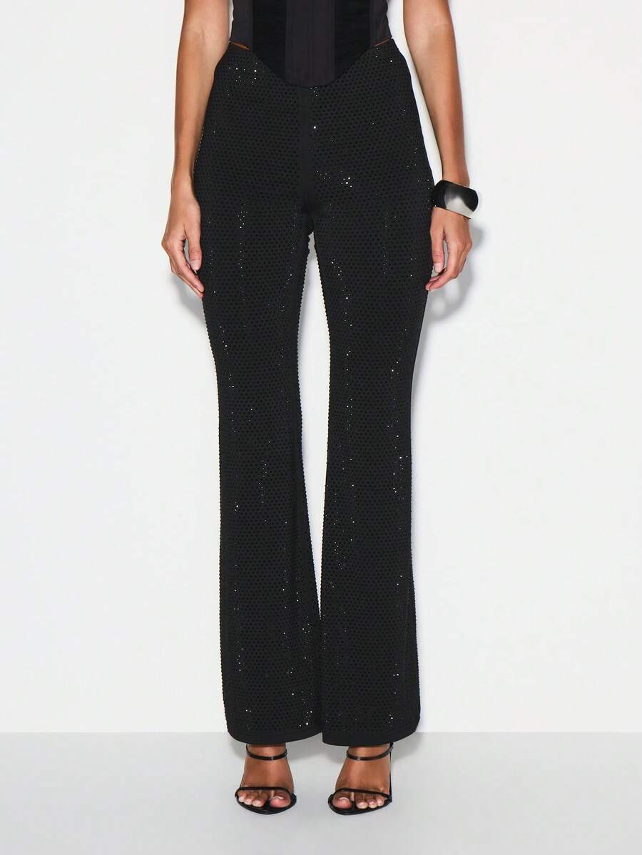 KIZN Hotfix Diamante Embellished Wide Leg Flare Trousers Evening Party Palazzo Pants - Black - View 1