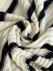 SHEIN EZwear Plus Size Black Striped Tie-Up Sweater Set, Autumn/Winter Striped Long Sleeve Top Striped Knit Set Black And White Striped Set