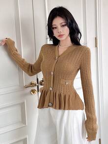 DAZY Women's Elegant Solid Color Ruffle Trim Faux Pocket Cardigan, Autumn - Brown - View 6