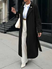 EURMUSE Women Oversize Pocket Long Sleeve Neck Button Maxi Long Elegant Overcoat - Black - View 3