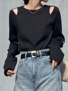 FRIFUL 女式露肩分体T恤，夏季上衣长袖上衣 - 黑色 - 查看 2