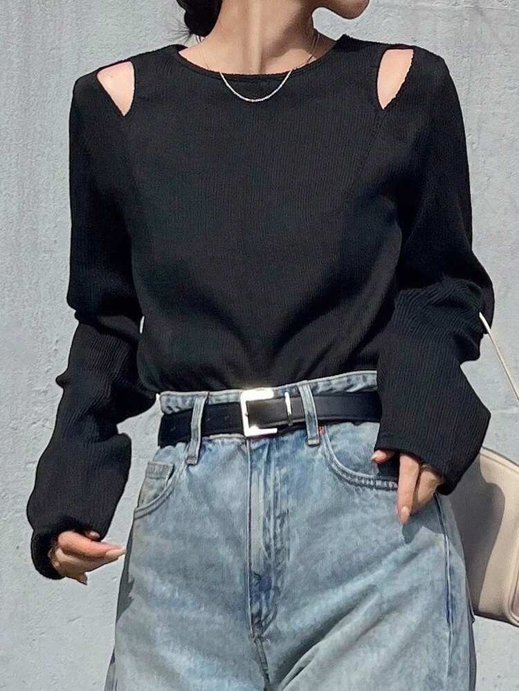 FRIFUL 女式露肩分体T恤，夏季上衣长袖上衣 - 黑色 - 查看 2