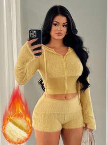 SHEIN SXY 女士奶油色拉链连帽衫和短裤套装，秋冬 - 黃色 - 查看 8