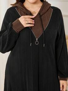 Al Najma Đầm dài tay có mũ trùm đầu màu khối 2 trong 1 có khóa kéo trang trí bằng vải nhung sang trọng, thường ngày đa năng, cao cấp, tinh tế, cỡ lớn, thích hợp mặc ở nhà, mùa thu/đông - màu đen - Xem 4