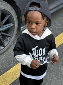 SHEIN 2pcs Baby Boy Autumn/Winter Outfit, Funny Pattern Black Main Body With White Hooded Top And Pants Lining, Suitable For Halloween, Birthday, Christmas, School, Baby Boy Clothing Set - Multicolor - View 4