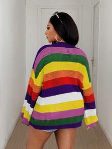 Maweii Pull décontracté pour femmes grandes tailles avec col rond, rayures contrastées et effet ajouré - Prune - Voir 2