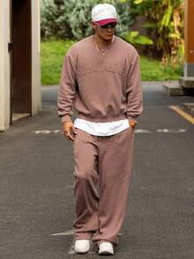 DAZY 男士字母刺绣保暖套头卫衣裤套装，秋冬季舒适保暖套装 - 棕色 - 查看 7