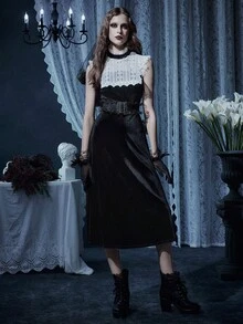 Glisette Solid Color Velvet Midi Dress With High Collar, Lace Trim, Suitable For Daily Wear And Travel - Black - View 1