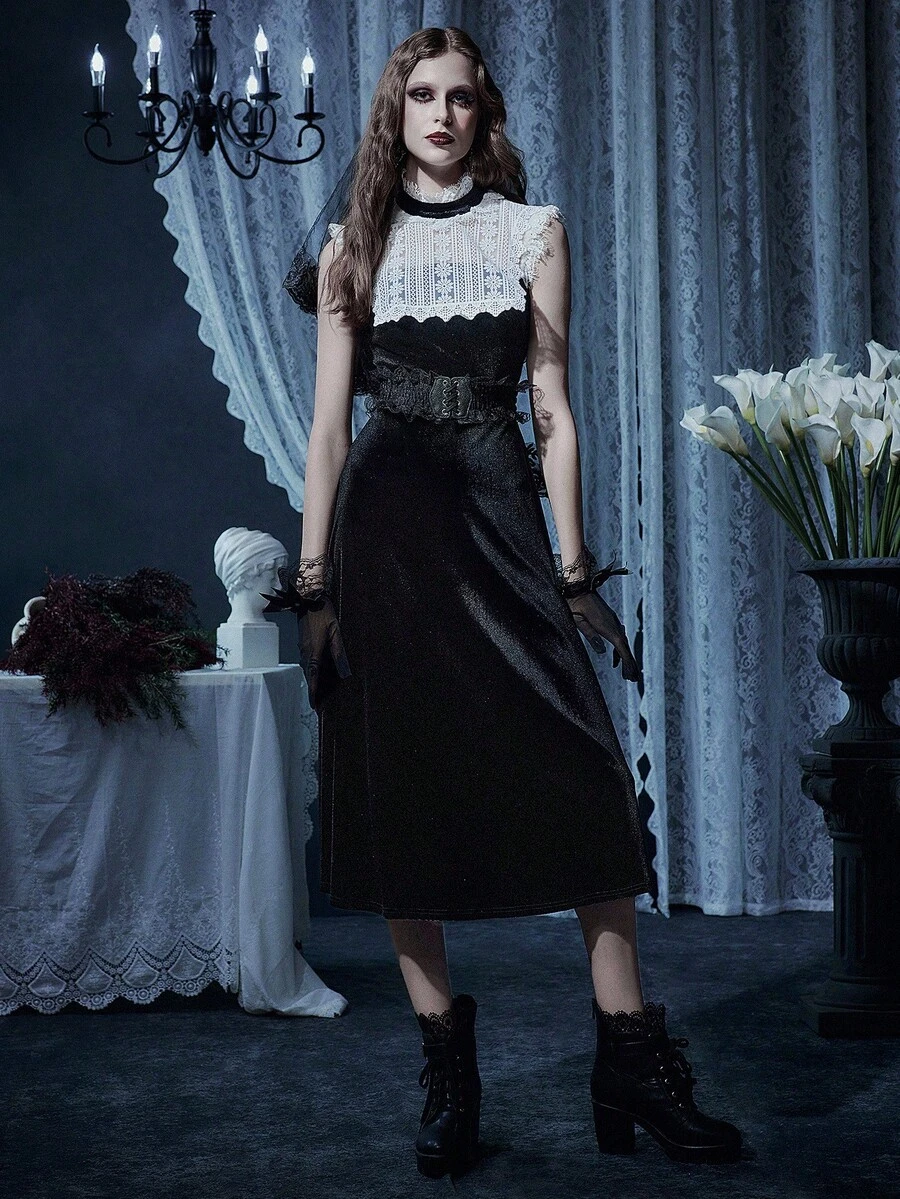 Glisette Solid Color Velvet Midi Dress With High Collar, Lace Trim, Suitable For Daily Wear And Travel - Black - View 1