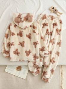 2 件套青少年女孩秋冬双面蓬松可爱卡通熊印花连帽开衫和休闲裤家居服套装 - 杏色 - 查看 2