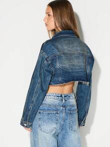 KIZN 短款牛仔夹克，毛边下摆，做旧纽扣前襟，经典领口 - 寶藍色 - 查看 2