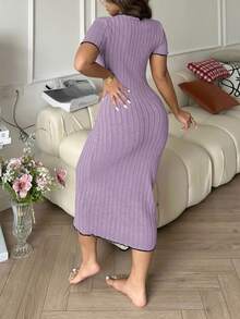 SHEIN 优雅蝴蝶结撞色针织连衣裙家居服 - 淡紫色 - 查看 2