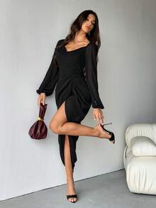 SHEIN Tall Women's Plus Size Elegant Party Date Sexy Glitter Sequins Draped Neck Ruched Asymmetrical Hem Slit Dress With Long Sleeve, Pea Green - Black - View 6