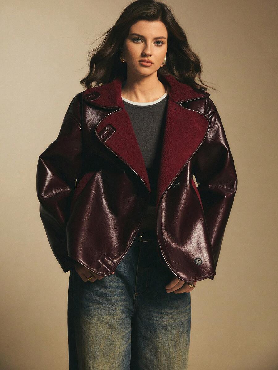 Poéselle 酒红色仿皮羊毛超大款夹克 - 冬季街头风外套，奢华假日风，女士翻领长袖PU皮宽松休闲长袖夹克，秋冬款 - 酒紅色 - 查看 1