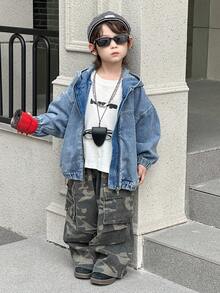 DAZY 幼儿男童宽松休闲连帽牛仔夹克和外套，街头酷炫风格，秋季 - 藍色 - 查看 3