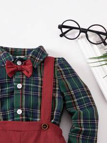 SHEIN 男婴都市学院风可爱绿色格子长袖翻领衬衫和松紧腰连体裤绅士装套装 - 彩色 - 查看 8