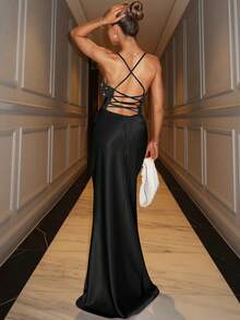 SHEIN BAE 女士夏季亮片拼布连衣裙，适合婚礼、毕业典礼 - 黑色 - 查看 2