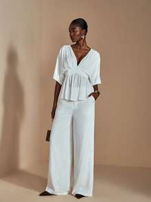 JIAN LASALA V领蝙蝠袖喇叭下摆亚麻混纺纯色女式上衣，秋季优雅休闲度假奢华时尚服装系列，白色 - 白色 - 查看 6