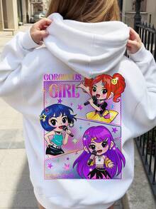 SHEIN Leap Crew 少女白色和薰衣草色，K-POP卡通图案，舒适厚实柔软长袖连帽卫衣，适合秋冬季日常穿着、街头风、校园风、舒适季节、秋冬季、轻松舒适、秋冬季叠穿、时尚休闲、图案设计、秋冬季、秋冬新款、返校季、冬季时尚 - 白色 - 查看 5