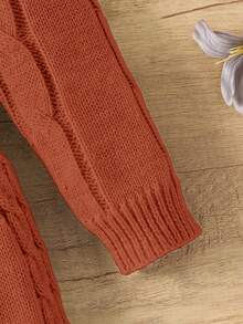 SHEIN Elladie kids 秋冬女童复古粗针织圆领腰A字蝴蝶装饰长袖毛衣裙，适合户外休闲穿着 - 棕色 - 查看 3