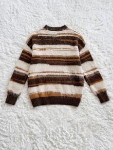 Soleia Pull col rond imprimé rayures, style décontracté pour femmes, automne/hiver - Multicolore - Voir 2