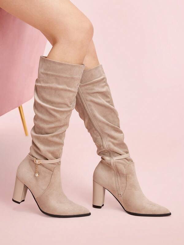 CUCCOO DOLLMOD Botas altas elásticas con puntera puntiaguda y decoración de perlas para mujer, botas altas ajustadas que llegan a la rodilla, para otoño/invierno