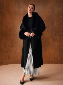 MOTF PREMIUM Wool Collar Patchwork Long Waist Cinched Overcoat, Autumn/Winter - Black - View 4