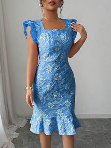 Elenzga Women's Square Neck Cap Sleeve Elegant Floral Jacquard Commuter Dress, Summer - Royal Blue - View 5