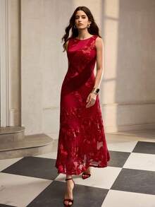 ZEYLAH Váy nhung jacquard chắp vá bất đối xứng, thắt eo thanh lịch, Thu/Đông - Màu Đỏ Sâu - Xem 6